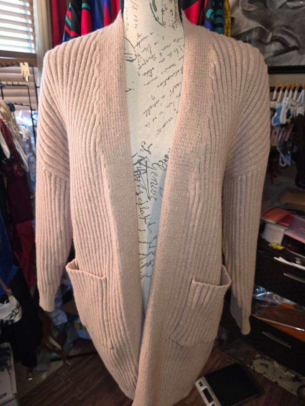 POL Womens Beige Ribbed Open Front Cardigan Sweater With Pockets Size S